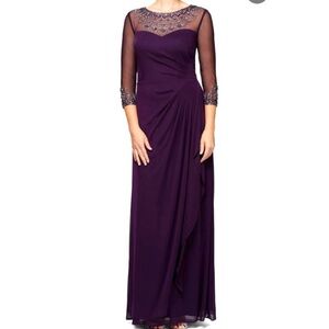 ALEX EVENINGS Illusion Embellish Mesh Top A Line Gown Plum Purple 3/4 Sleeve 14